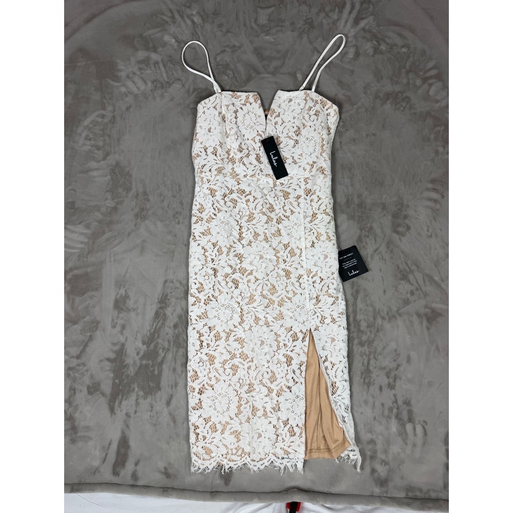 Lulus White Floral Lace Midi Dress Nude Lining Notched Neckline Size M NWT